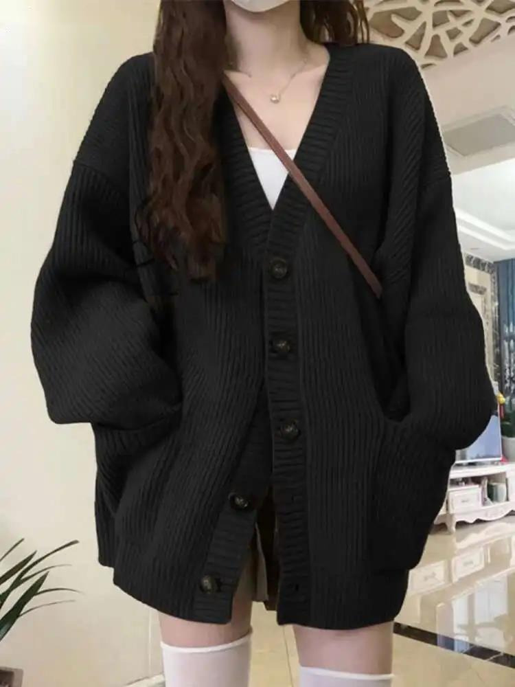 Wool Coat Peacoat - Свободный кардиган, женский вязаный черный кардиган